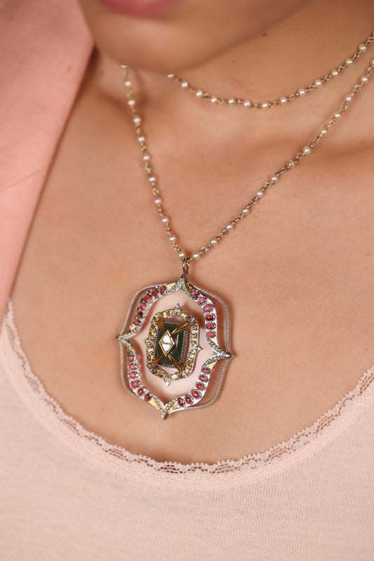 Detail of the crafted pearls and silver wire strand on the Amara Necklace
