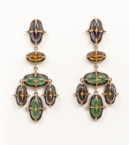 Aarya Earrings with layers of crafted amethyst, topaz, and aventurine in silver milgrain settings with gold star motifs