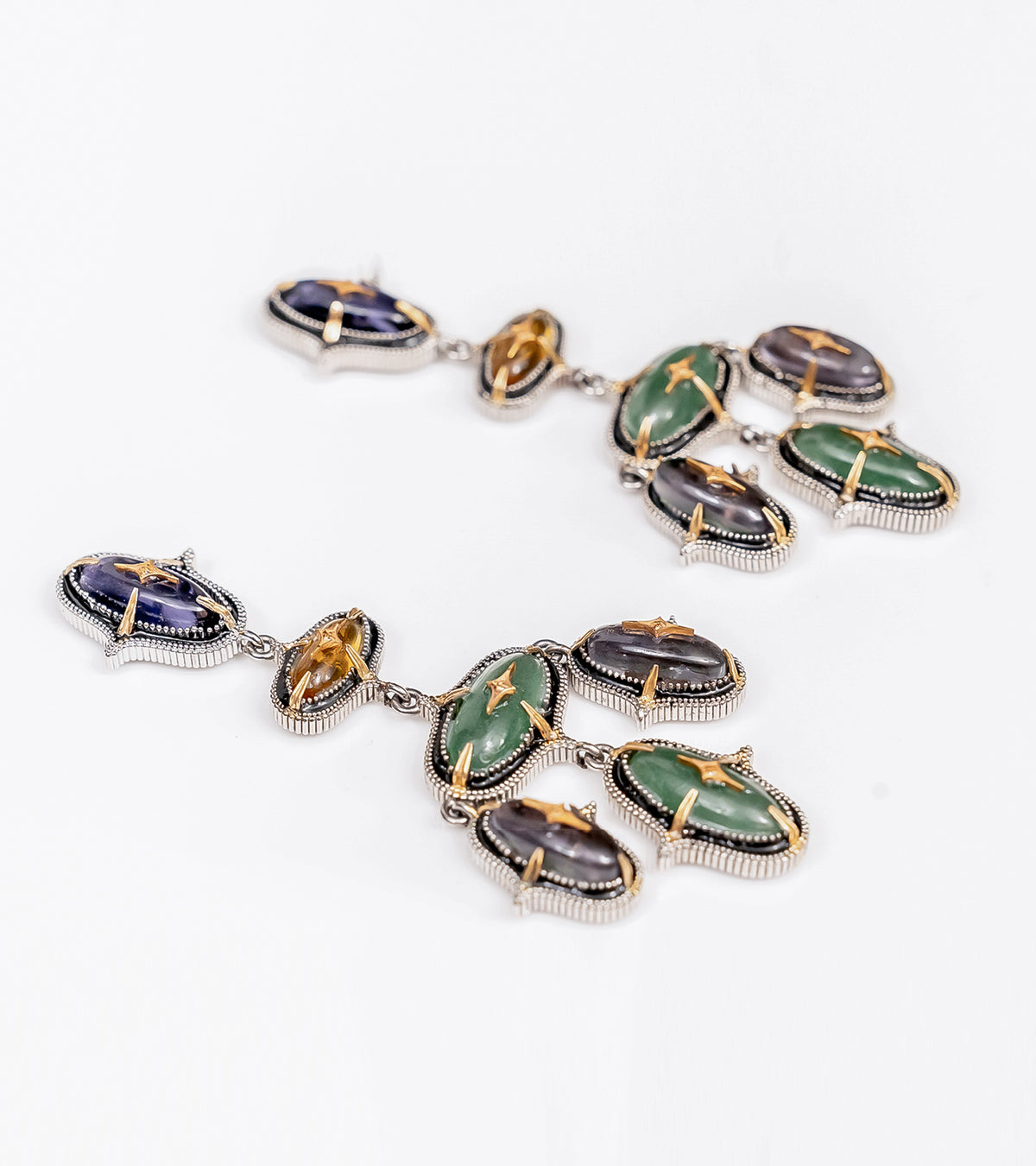 Detail of the layered amethyst, topaz, and aventurine stones on the Aarya Earrings