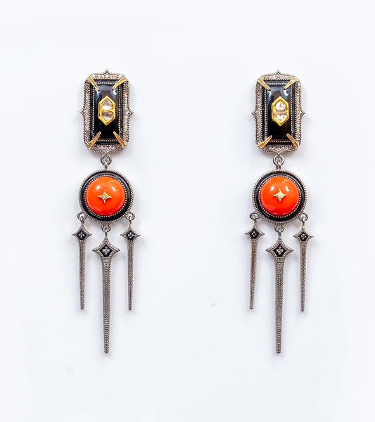 Adel Earrings with black onyx and coral, Polki diamonds, silver with 18K and 22K gold accents, and hand-painted black enamel
