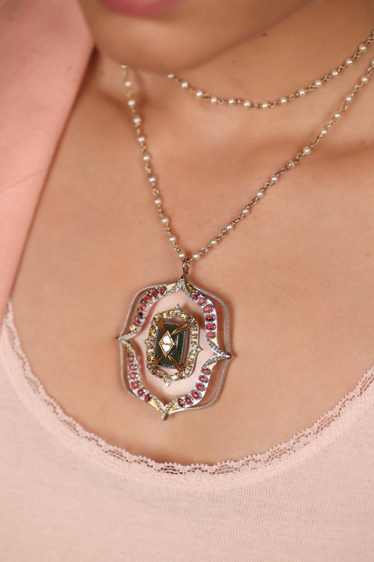 Detail of the crafted pearls and silver wire strand on the Amara Necklace