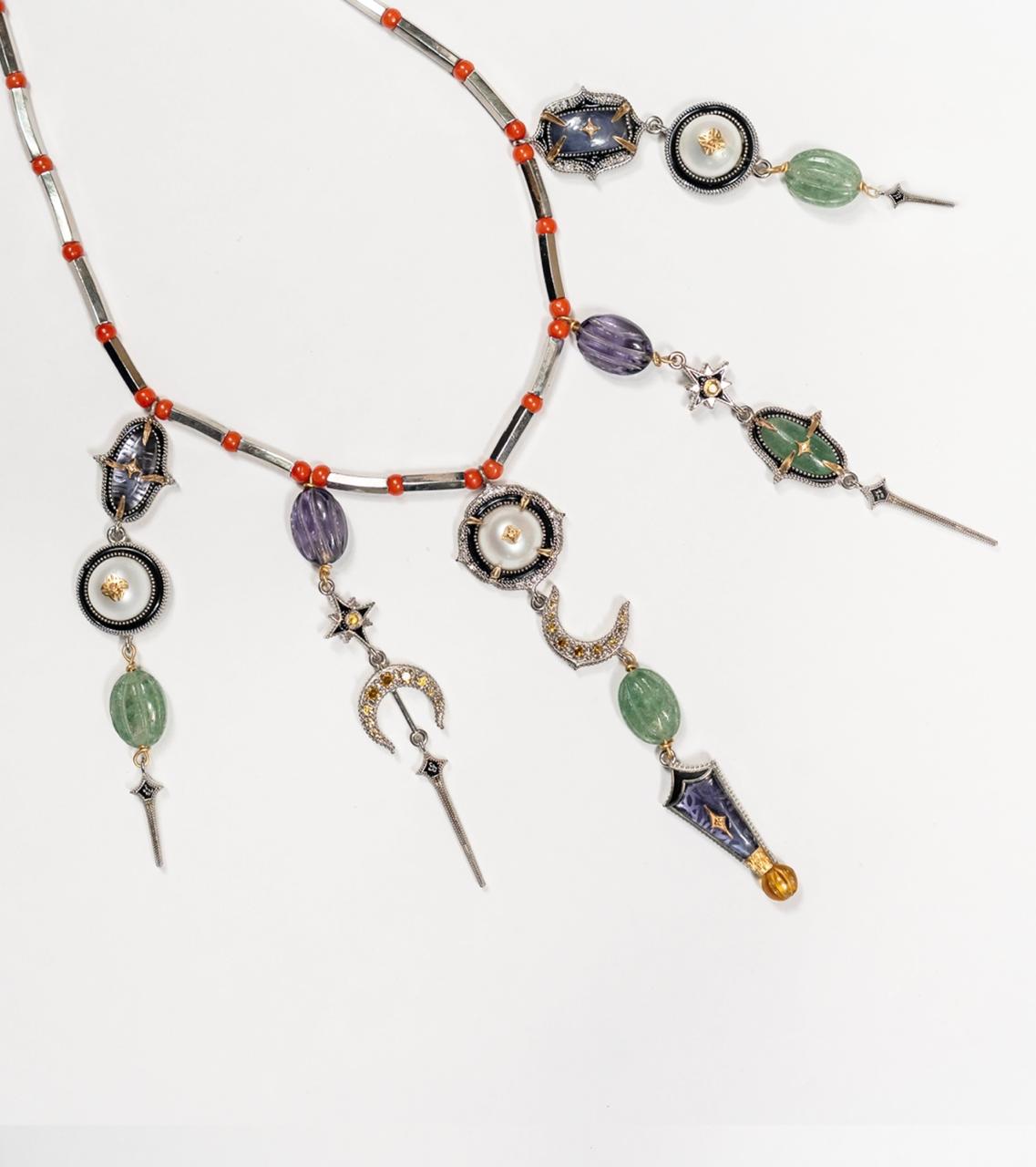 Detail of the citrine briolette drop finishing the pendant cluster on the Amdavad Necklace
