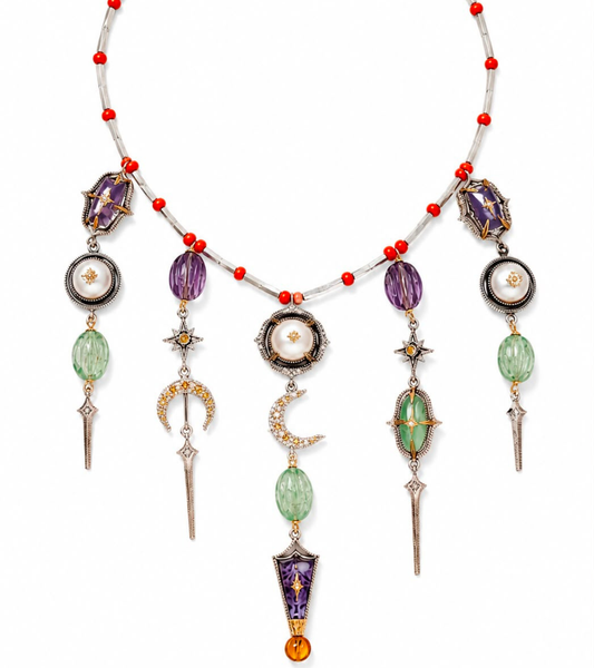 Amdavad Necklace silver collar strung with coral red beads, featuring a crescent moon, large pearl, violet enamel dagger, star motifs, and sword drop pendants, from the Shashikala collection by UBAA