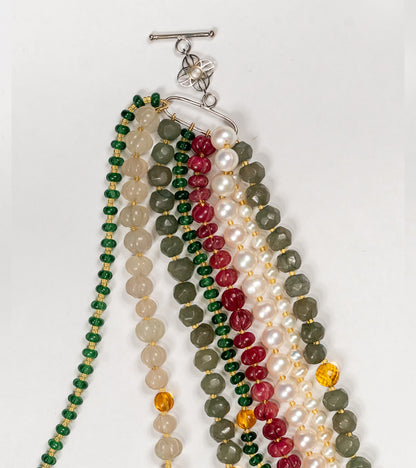 Close-up of the Japanese pearls and beads woven through the eight-strand Anuradha Necklace