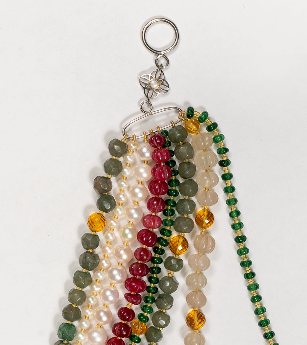 Detail of the quartz and onyx beads layered among the aventurine strands on the Anuradha Necklace
