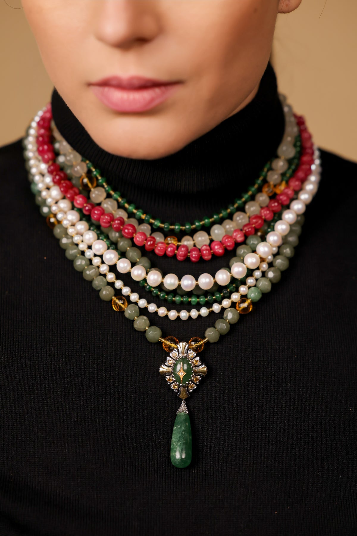 Anuradha Necklace worn as a statement piece with a simple neckline