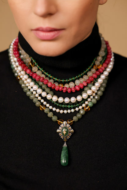 Anuradha Necklace worn as a statement piece with a simple neckline