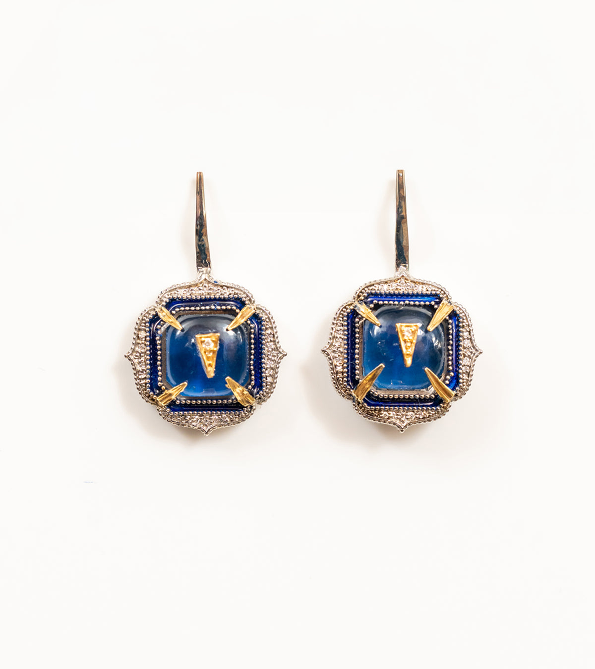 Aurora Earrings in blue and green featuring crafted kyanite crystals, natural FG VS diamonds, hand-painted blue enamel, sterling silver, and 18K gold accents