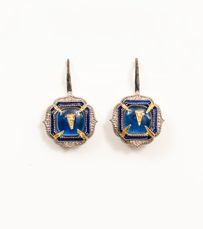 Aurora Earrings in blue and green featuring crafted kyanite crystals, natural FG VS diamonds, hand-painted blue enamel, sterling silver, and 18K gold accents