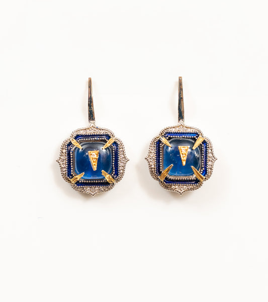 Aurora Earrings in blue and green featuring crafted kyanite crystals, natural FG VS diamonds, hand-painted blue enamel, sterling silver, and 18K gold accents