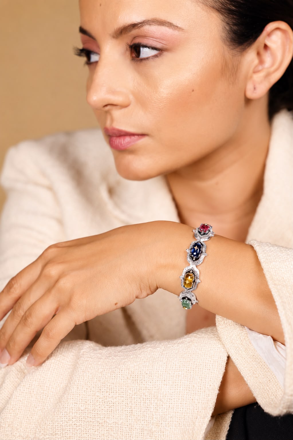 Close-up of the Bombay Stack Classic cuff highlighting the cabochon kyanite, tourmaline, and citrine stones set in sterling silver