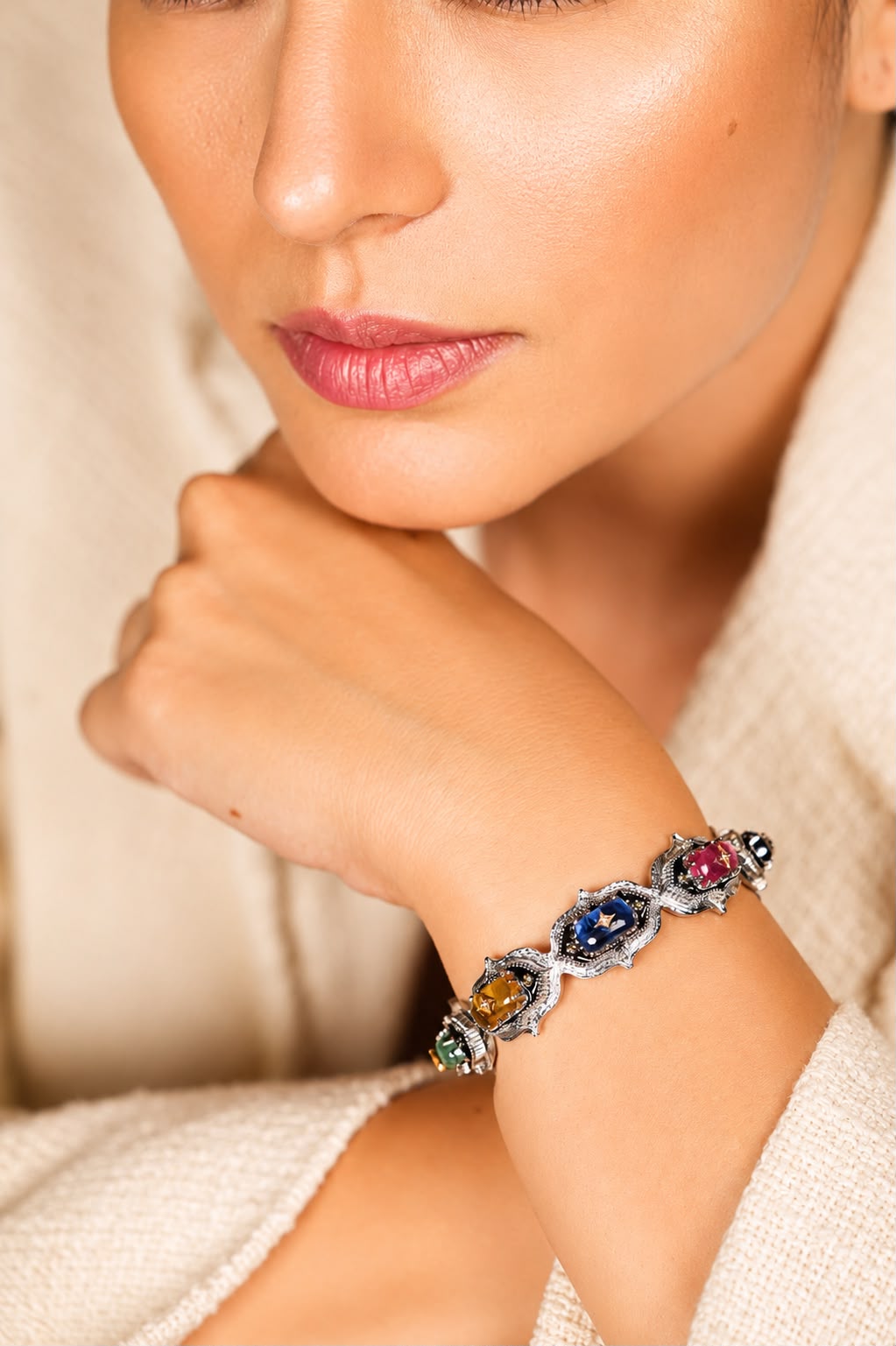 Side profile of the Bombay Stack Classic cuff showing its silver band and natural diamond accents