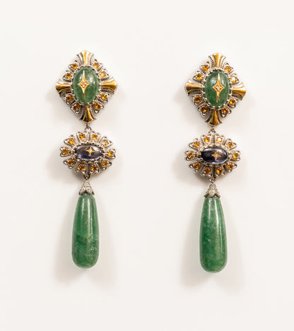 Diya Earrings with gold and diamond filigree star motifs, kyanite ovals, and a diamond sunburst, from the Shashikala collection by UBAA