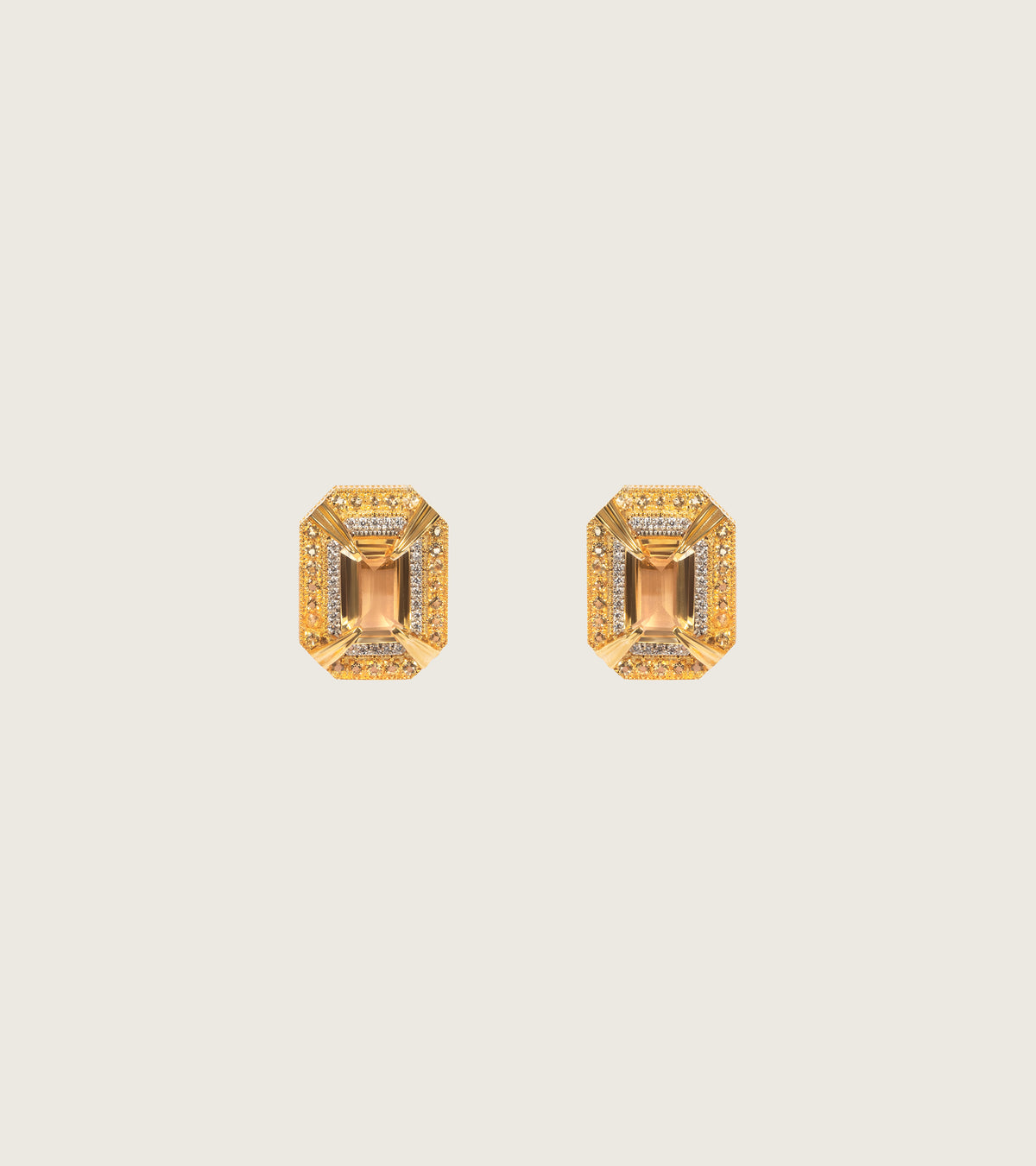 Hera Stud Earrings from UNCUT Modern in 18K gold with a golden topaz centre, citrine, and natural diamonds