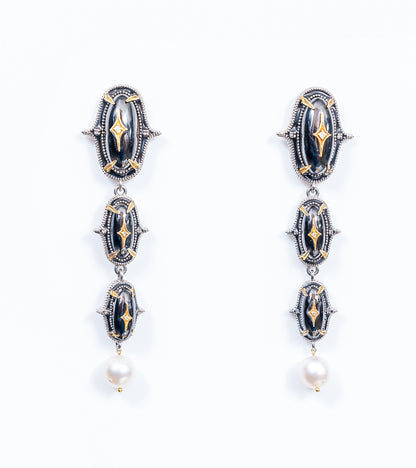 Jaipur Danglers in silver with 18K gold accents, hand-painted black enamel, black onyx, and China pearl drops