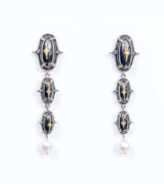 Jaipur Danglers in silver with 18K gold accents, hand-painted black enamel, black onyx, and China pearl drops