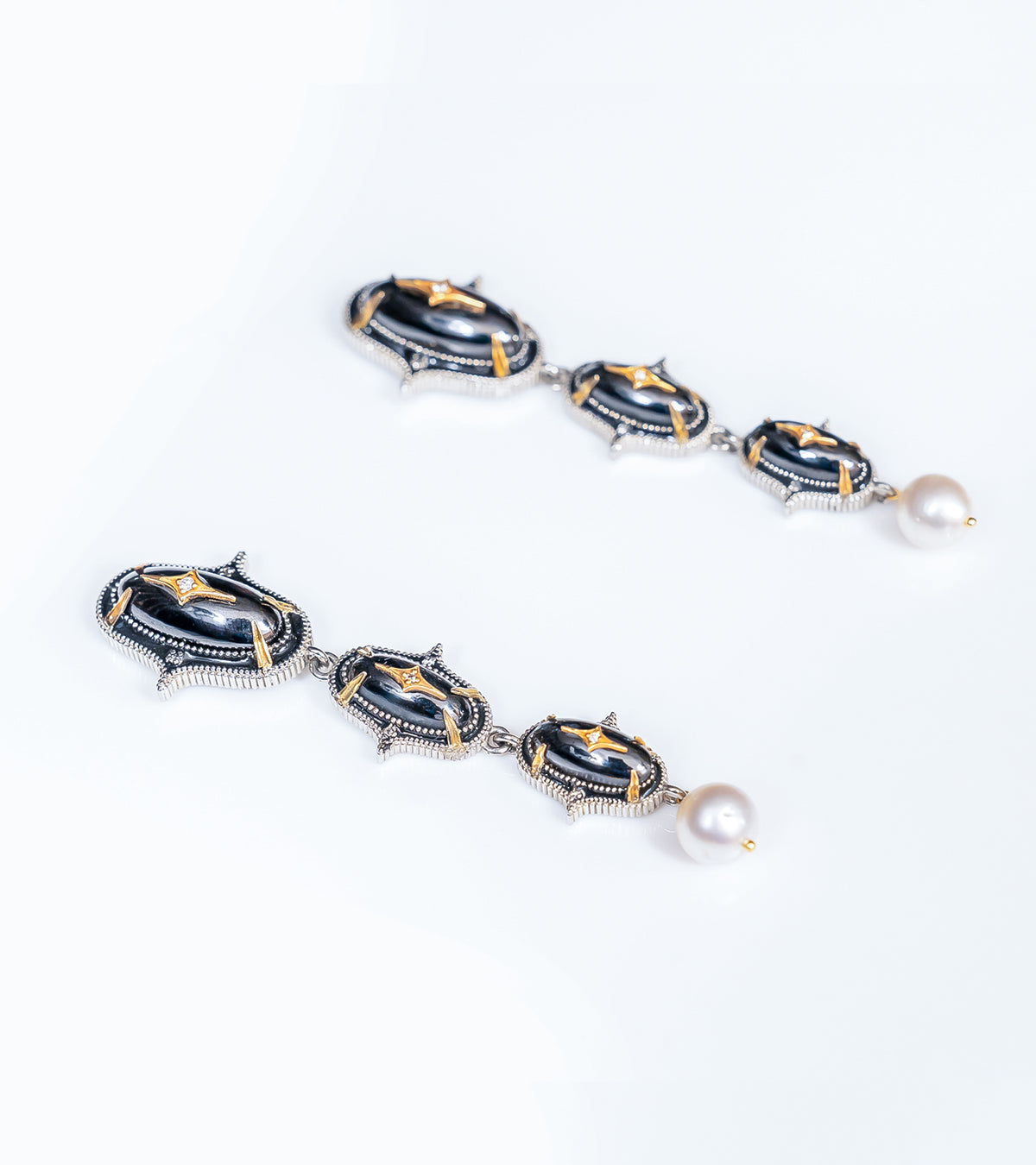 Detail of the China pearl drop finishing the Jaipur Danglers
