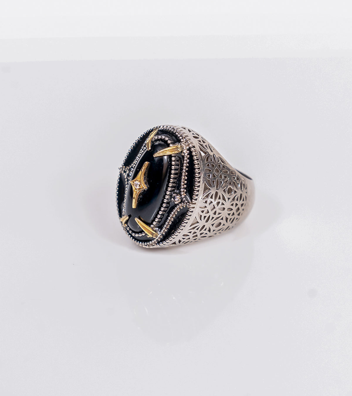 Jaipur Ring in black onyx with intricate jharokha latticework, sterling silver, hand-painted black enamel, and 18K gold accents