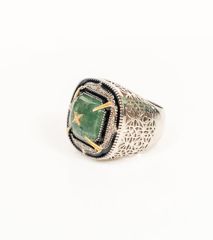 Kashi Cocktail Ring with a green aventurine centre stone framed by hand-painted blue enamel, natural diamonds, and 18K gold accents