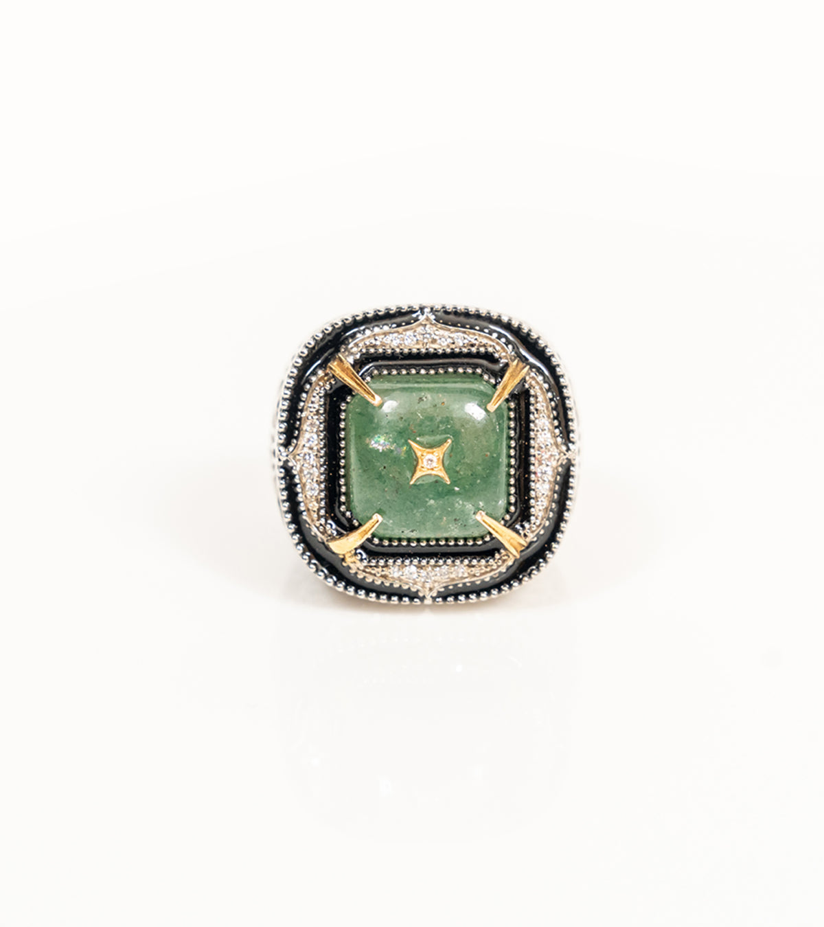 Detail of the hand-painted blue enamel and green aventurine stone on the Kashi Cocktail Ring