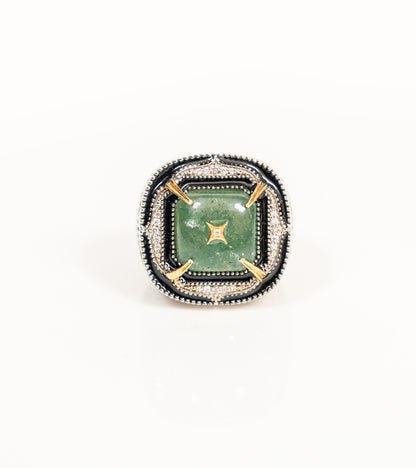 Detail of the hand-painted blue enamel and green aventurine stone on the Kashi Cocktail Ring