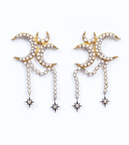 Kashvi Earrings with crescent and star motifs in silver, FG VS diamond accents, Japanese pearls, and hand-painted black enamel