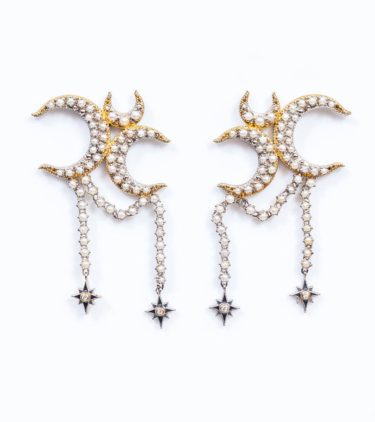 Kashvi Earrings with crescent and star motifs in silver, FG VS diamond accents, Japanese pearls, and hand-painted black enamel