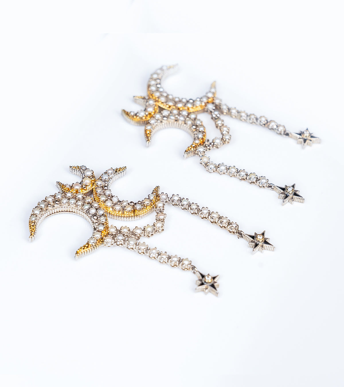 Detail of the delicate Japanese pearls and star drops on the Kashvi Earrings