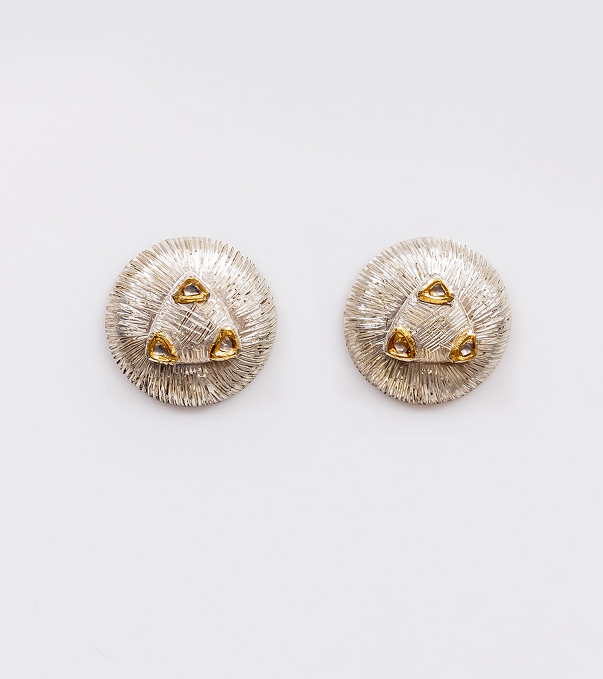 Mia Earrings with luminous Polki diamonds set in textured sterling silver with fine 22K gold accents