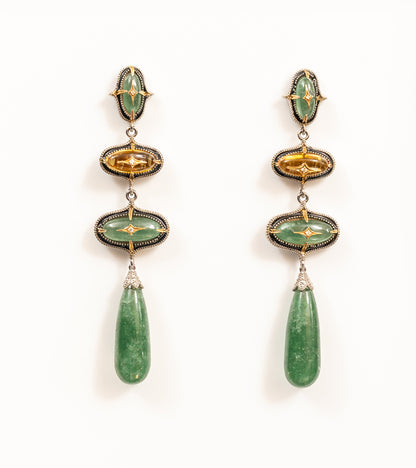 Miral Danglers with three tiers of natural aventurine and crafted topaz in silver milgrain settings with gold star motifs