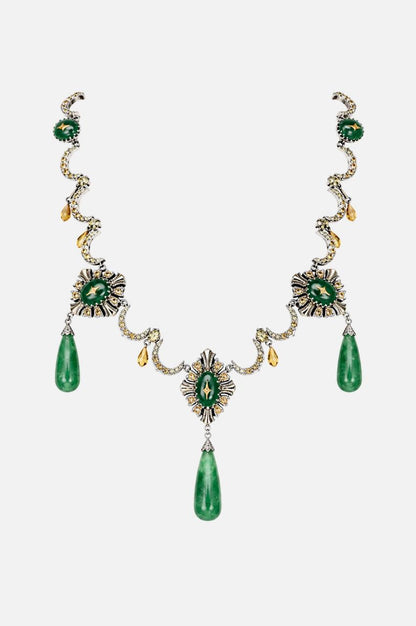 Detail of the central aventurine stone and crafted yellow citrine on the Neelima Necklace