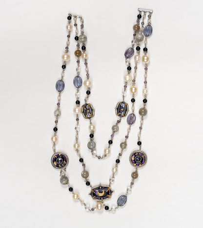 Detail of the hand-strung onyx, crystal, and pearl strands on the Prive Necklace