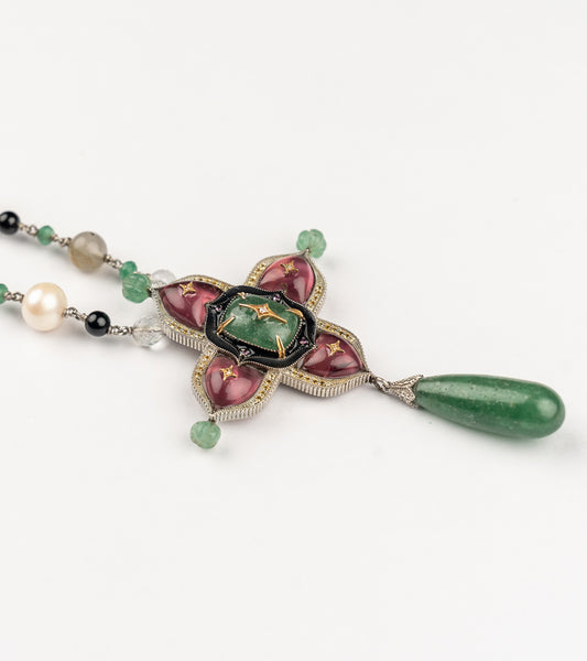 Rangoon Necklace with a Gunthan style mala of South Sea pearls, Japanese pearls, crystal, and natural stones, anchored by a hand-painted black enamel pendant