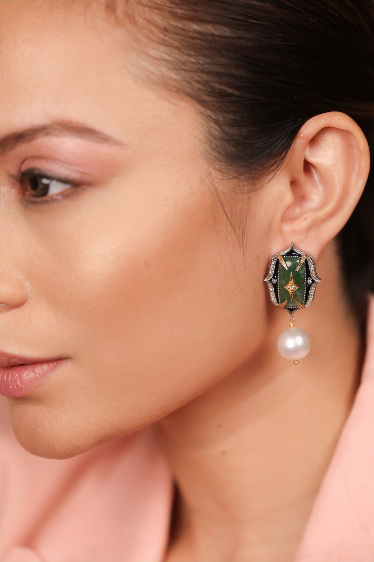 Rewa Earrings in a green stone colorway, silver with 18K gold accents, FG VS diamonds, black enamel, and South Sea pearl drops