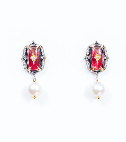 Rewa Earrings in silver with 18K gold accents, rose crystal stones, FG VS diamonds, black enamel, and South Sea pearl drops