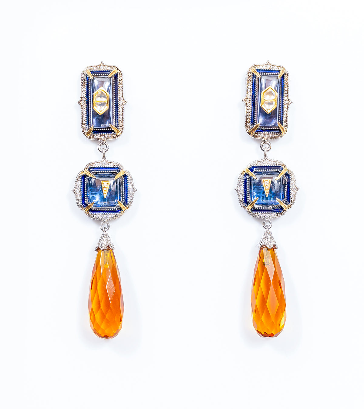 Rumi Earrings with sculptural danglers in deep blue kyanite and yellow topaz crystal drops, set with Polki diamonds and gold accents