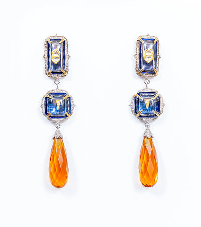 Rumi Earrings with sculptural danglers in deep blue kyanite and yellow topaz crystal drops, set with Polki diamonds and gold accents
