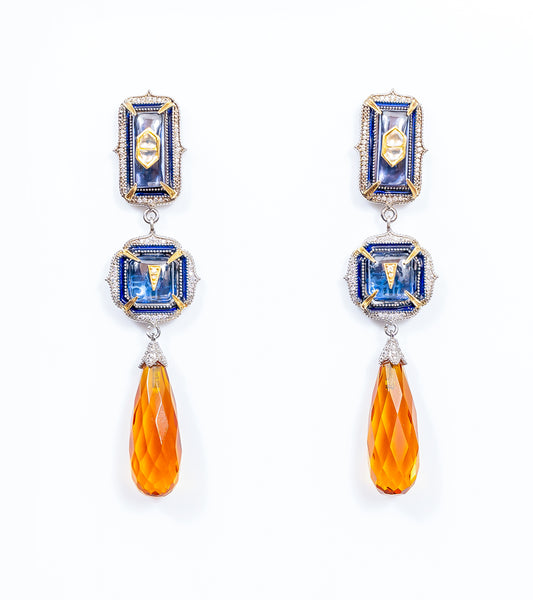 Rumi Earrings with sculptural danglers in deep blue kyanite and yellow topaz crystal drops, set with Polki diamonds and gold accents
