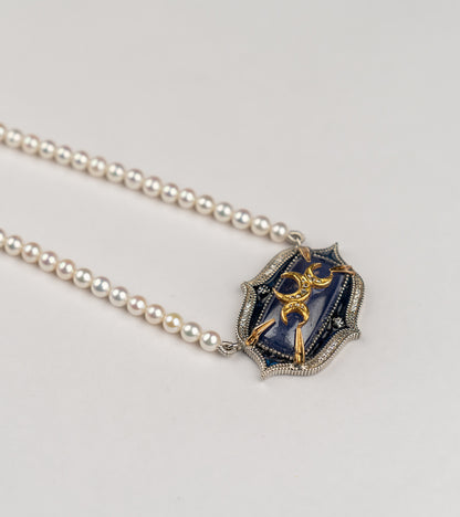 Samarkand Necklace in silver with 22K and 18K gold, kyanite, natural diamonds, and hand-painted blue enamel, strung with crafted pearls