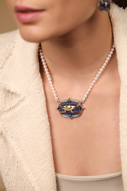 Samarkand Necklace worn with a crisp shirt, moving from work to evening