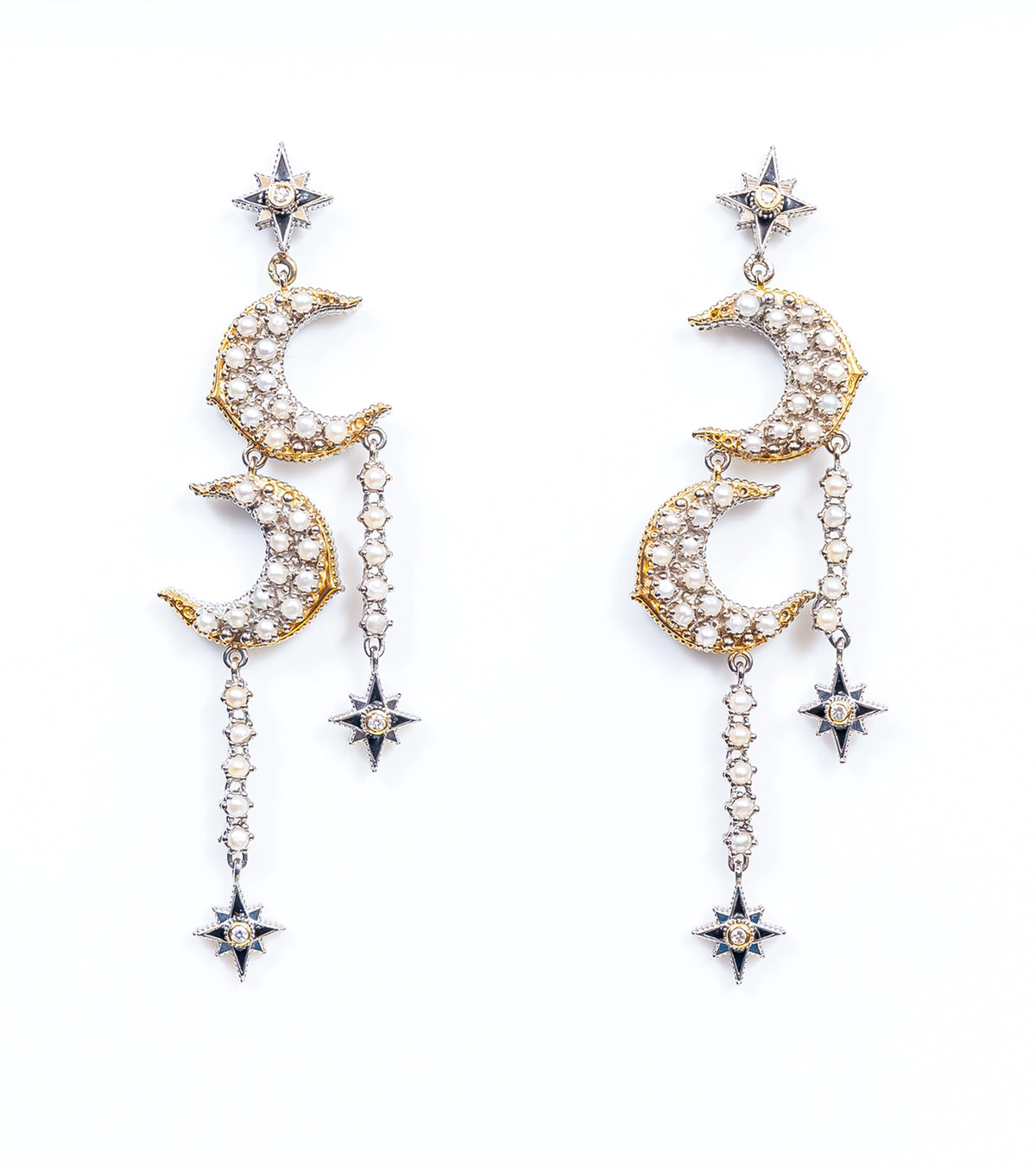 Sana Earrings with graceful star motifs set with FG VS diamonds, silver danglers, and delicate Japanese pearls