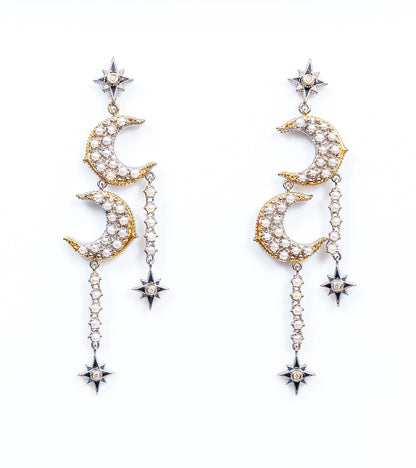 Sana Earrings with graceful star motifs set with FG VS diamonds, silver danglers, and delicate Japanese pearls