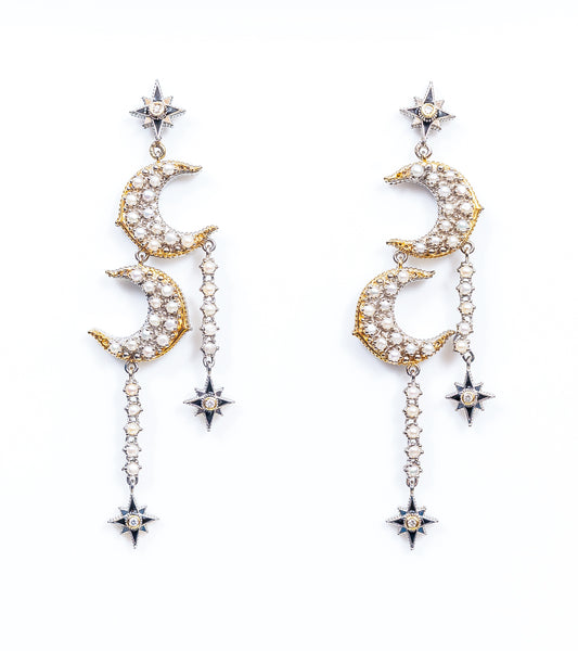 Sana Earrings with graceful star motifs set with FG VS diamonds, silver danglers, and delicate Japanese pearls