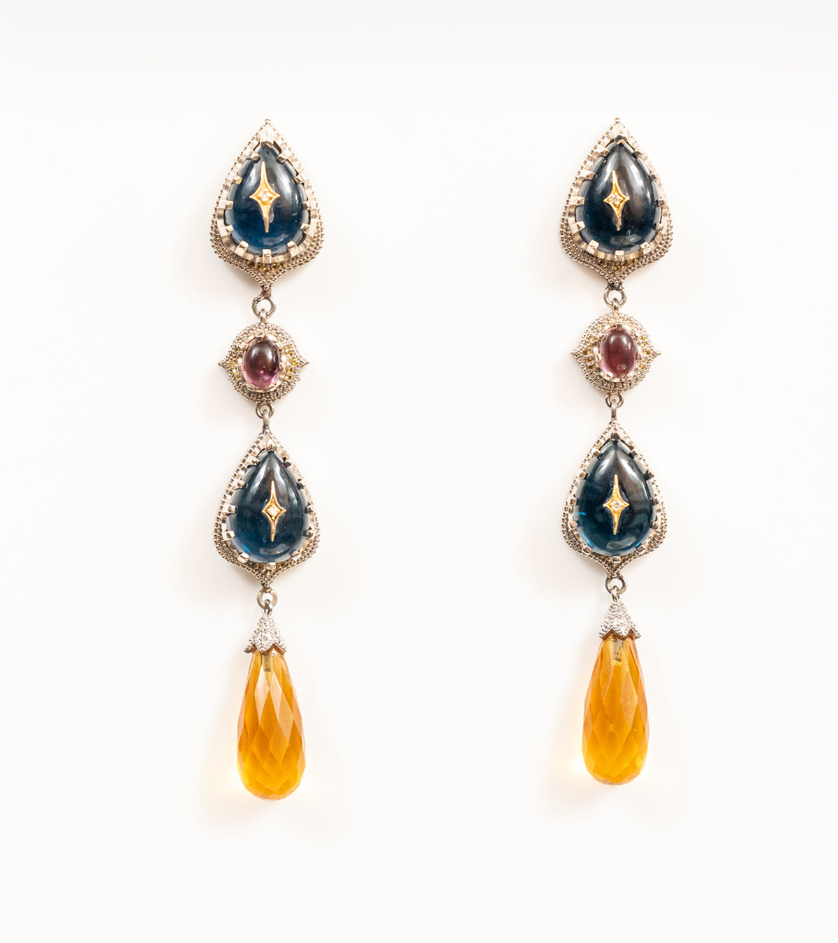 Sara Earrings three-tier drop earrings in kyanite, ruby, and citrine, from the Shashikala collection by UBAA