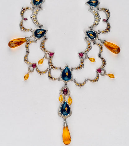 Detail of the citrine briolette drops cascading from each crescent arch of the Sara Necklace