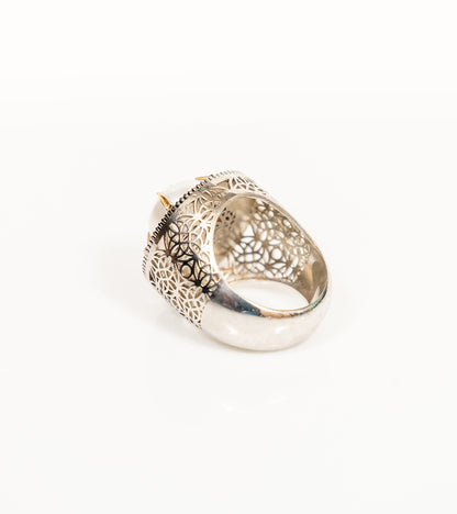 Back view of the Shakuntala Ring showing the sterling silver setting and gold detailing behind the pearl