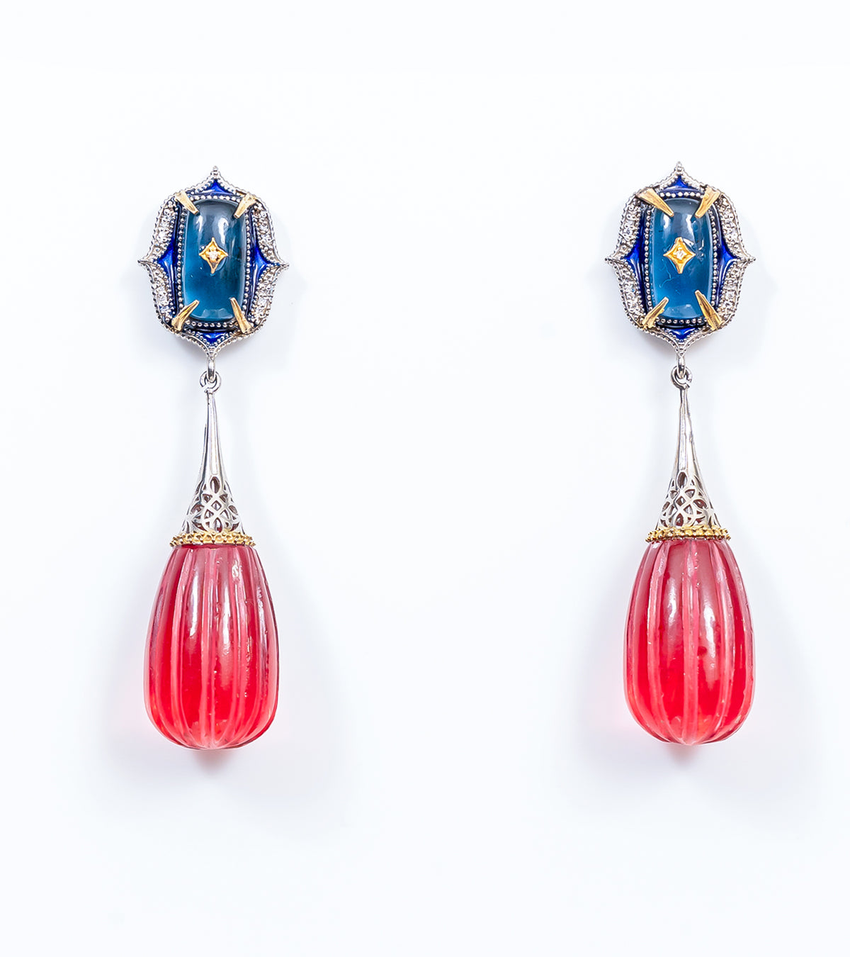 Sur Earrings from the Sitara Collection in silver with 18K gold, kyanite and Manifé Tourmaline, blue hand-painted enamel