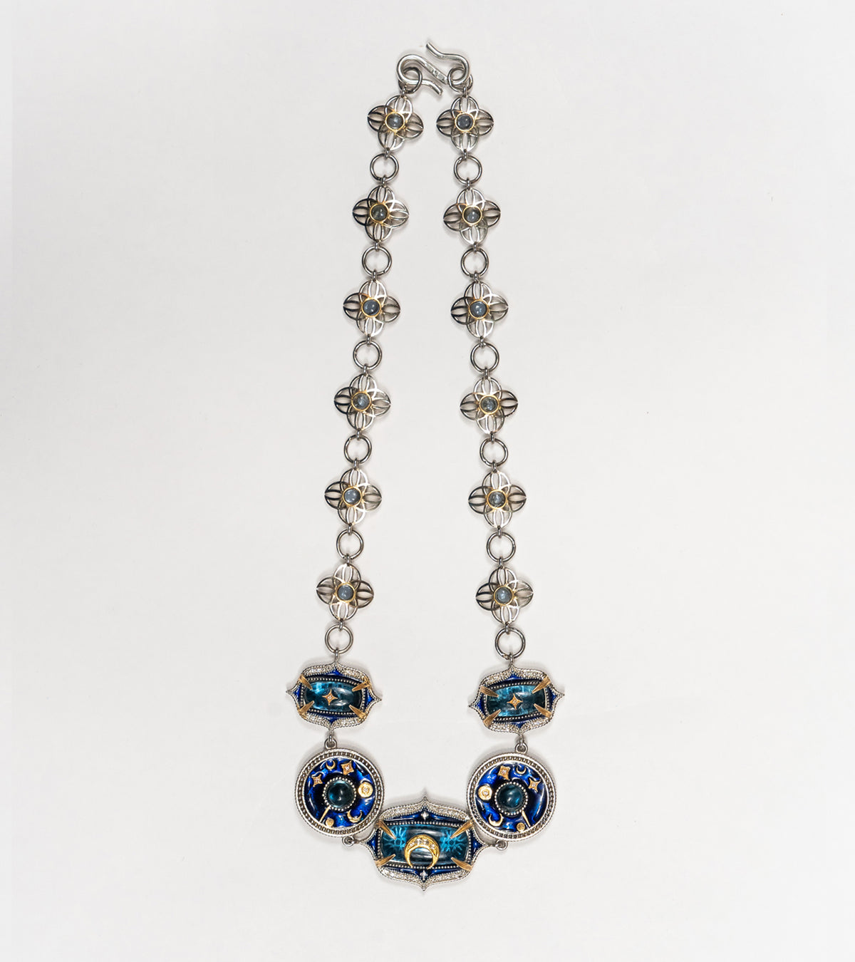 Detail of the hand-painted blue enamel work on the Taskan Choker