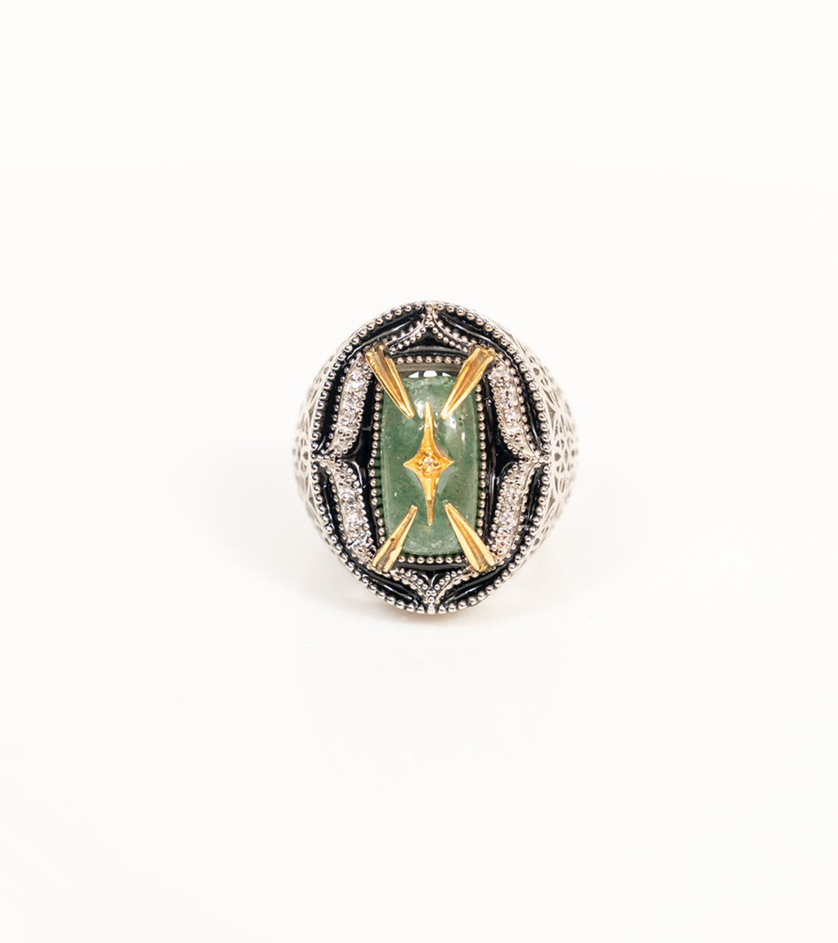 Taskan Ring in the green aventurine colorway, offering a vibrant alternative to the blue kyanite version