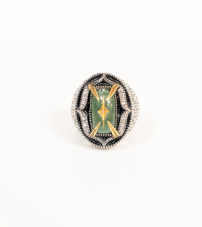 Taskan Ring in the green aventurine colorway, offering a vibrant alternative to the blue kyanite version